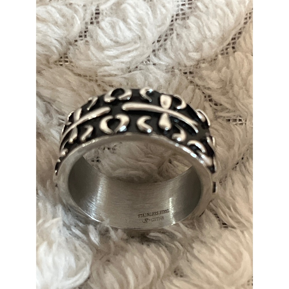 Mens Stainless Steel Gothic Cross Band Ring Silver Black Size 10